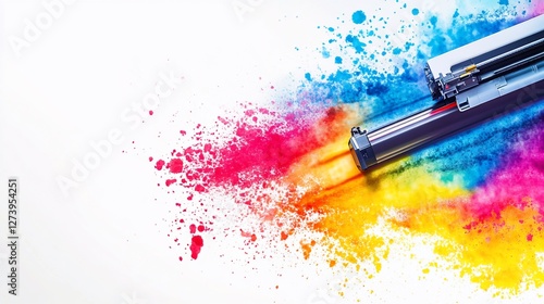 Colorful ink cartridge explosion, printing concept.