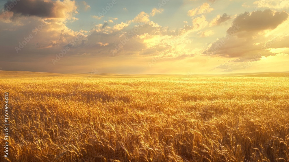 Obraz premium Golden wheat field at sunset, scenic landscape.