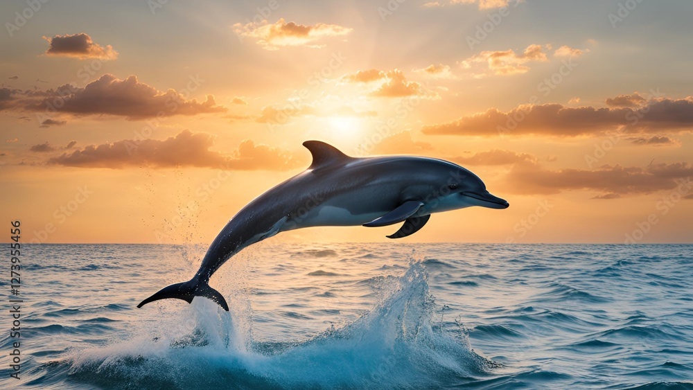Fototapeta premium Dolphin jumping out of the water with a beautiful ocean backdrop