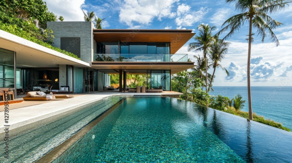 Fototapeta premium Modern Luxury Villa with Infinity Pool Overlooking the Ocean