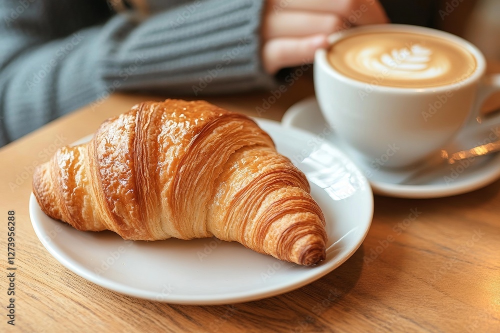 Close-up of croissant and cappuccino on wooden cafe table Close-up of croissant and cappuccino on wooden cafe table