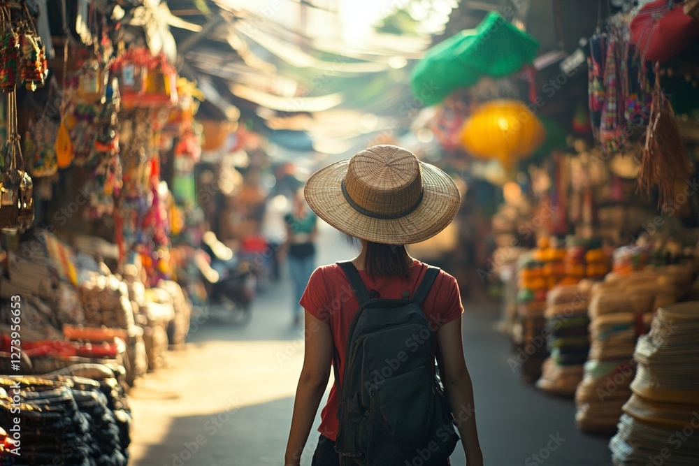Obraz premium Young asian female exploring bustling market with vibrant lanterns