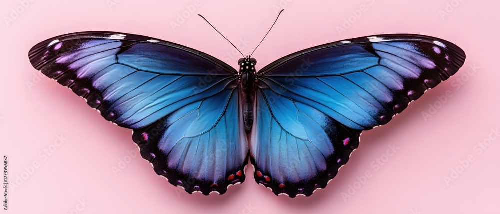 Obraz premium Elegant blue butterfly with intricate wing patterns resting gently on a soft pink surface