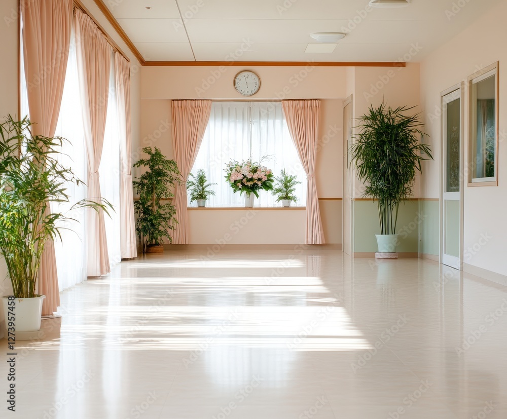 Sunlit room with pink curtains and indoor plants creating a serene atmosphere Sunlit room with pink curtains and indoor plants creating a serene atmosphere
