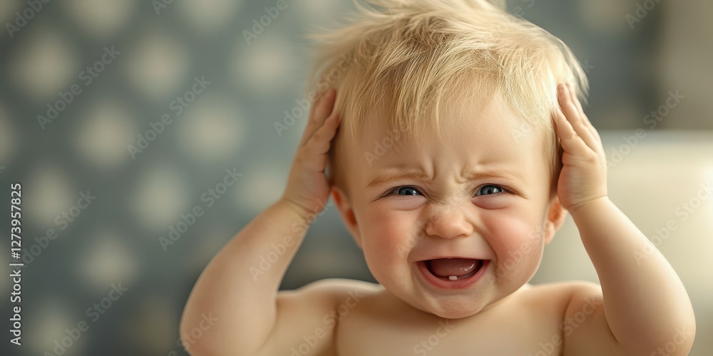 Happy baby with messy hair smiling and expressing joy indoors during daytime Happy baby with messy hair smiling and expressing joy indoors during daytime