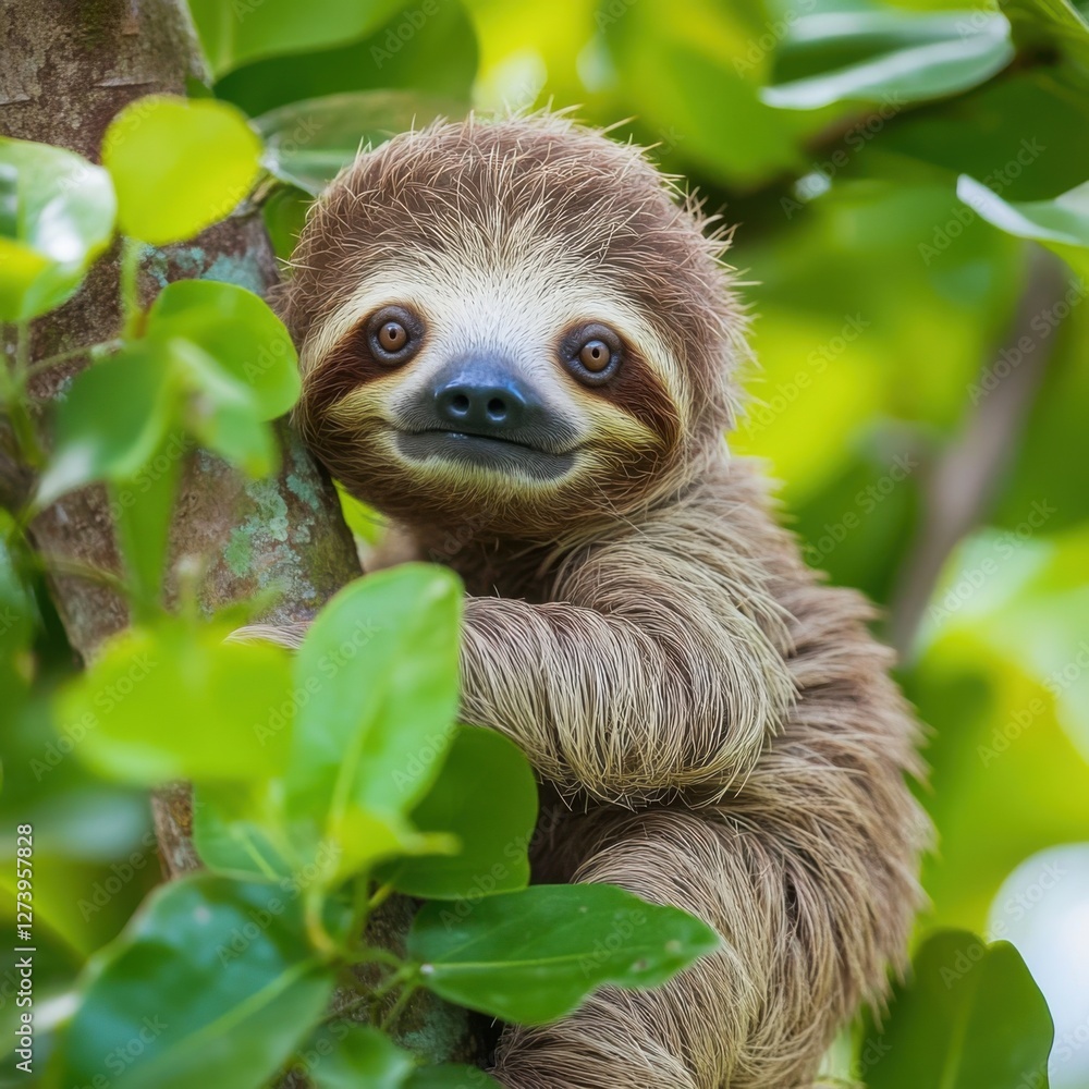 Fototapeta premium A playful sloth hanging from a tree, surrounded by vibrant green leaves.