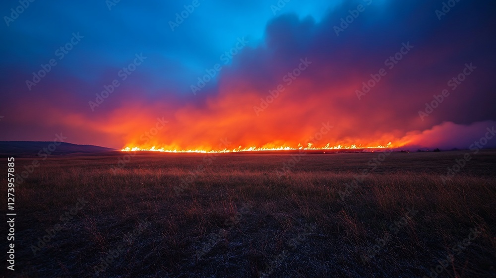 Inferno Horizon, A field ablaze under a twilight canvas of dramatic colors Inferno Horizon, A field ablaze under a twilight canvas of dramatic colors