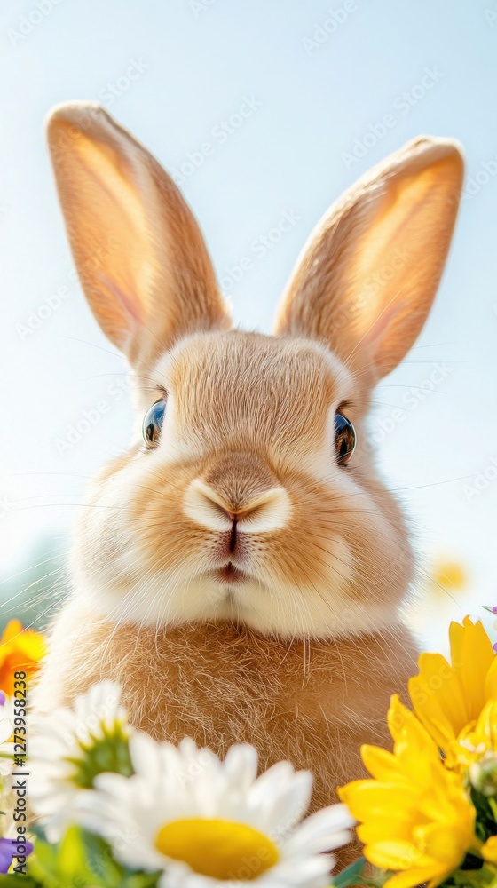 Fototapeta premium Cute rabbit surrounded by vibrant flowers under a bright blue sky in a sunny meadow