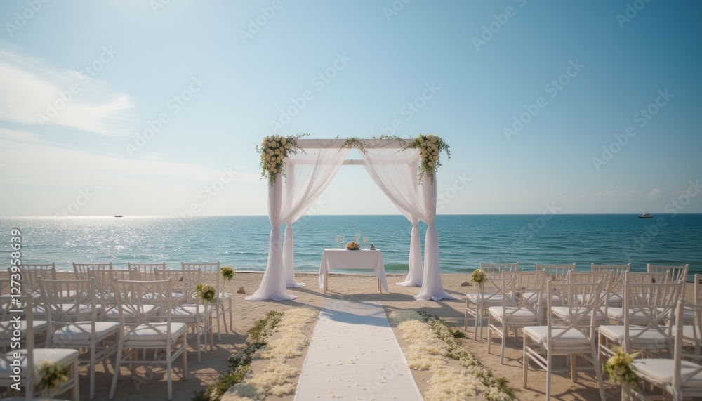Beach wedding ceremony setup with a floral arch and ocean view Beach wedding ceremony setup with a floral arch and ocean view