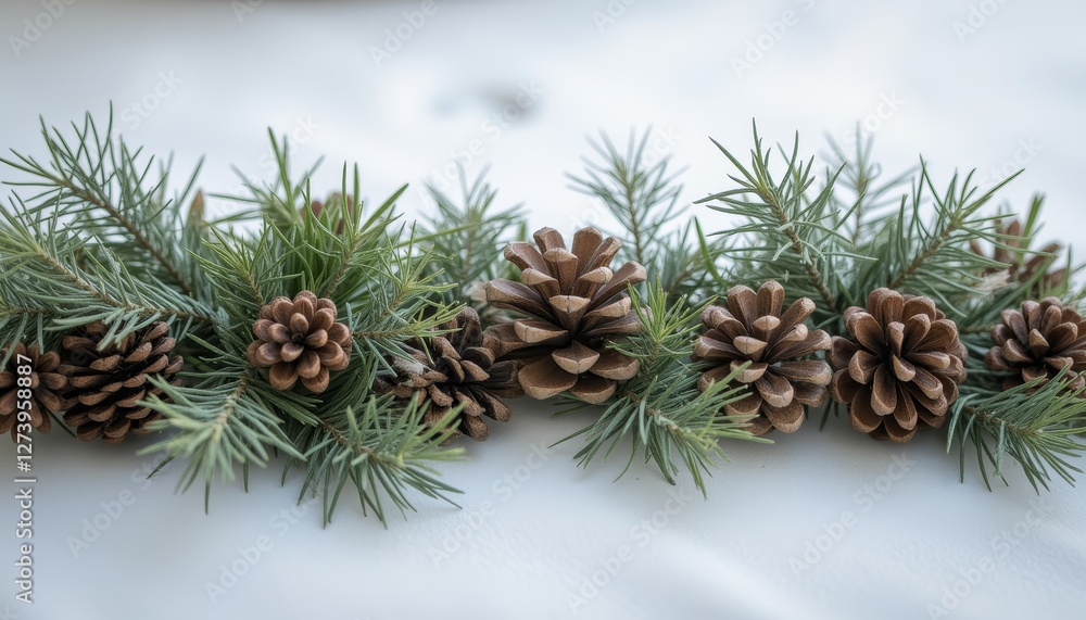 Fototapeta premium Pine cones and greenery on a snowy background creating a serene winter scene