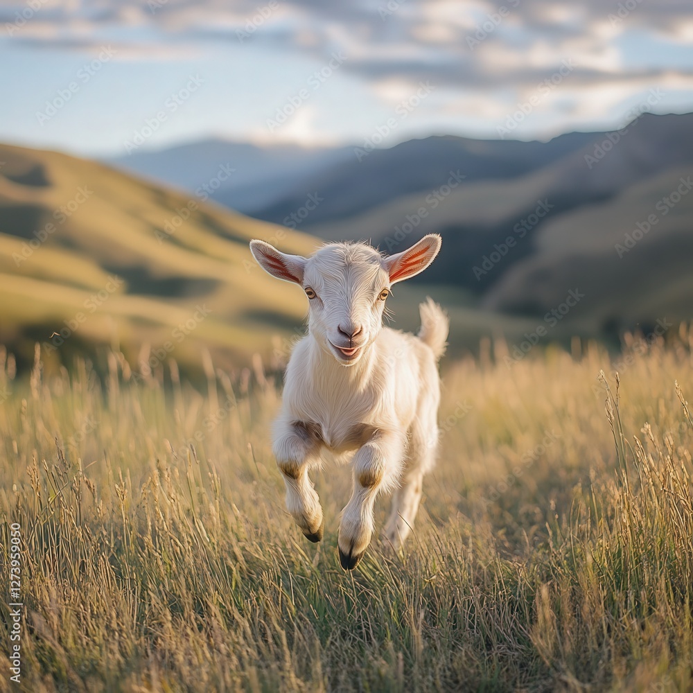 a young goat frolicking through a field, its carefree movements capturing the essence of youth a young goat frolicking through a field, its carefree movements capturing the essence of youth