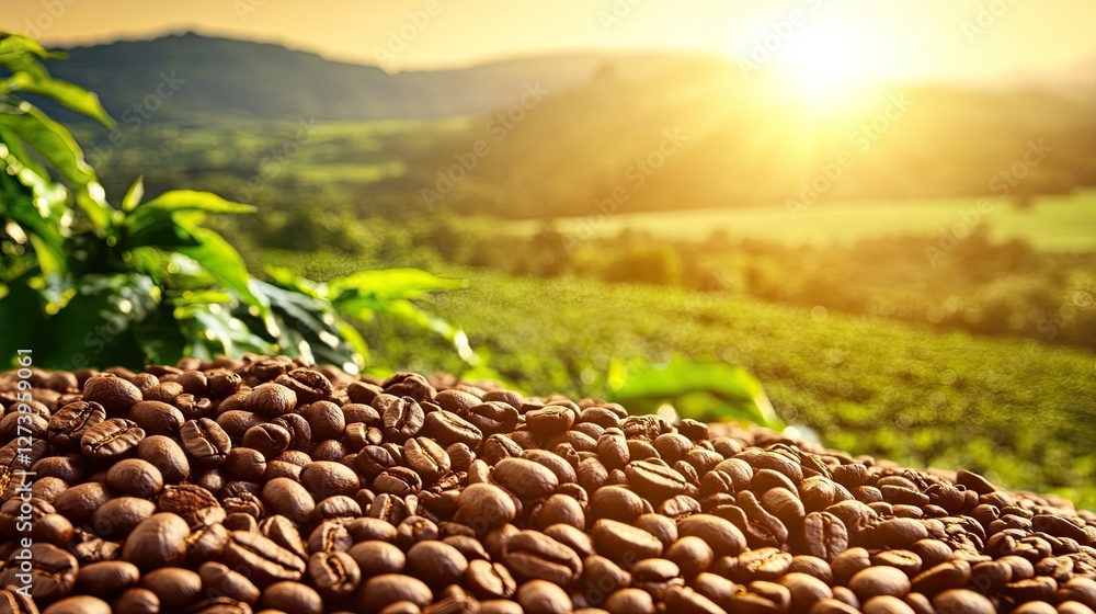 Obraz premium Roasted Coffee Beans in a Lush Green Landscape