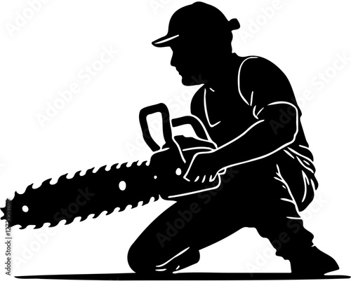 silhouette of a person holding a chainsaw on a white background
