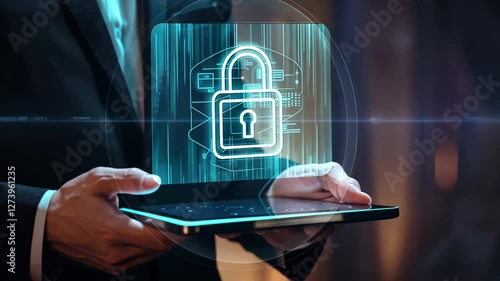 Cybersecurity concept with businessman holding a tablet displaying a glowing digital padlock