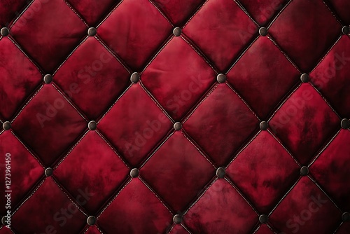 Quilted velour buttoned burgundy red color fabric wall pattern background. Elegant vintage luxury sofa upholstery. Interior plush backdrop photo