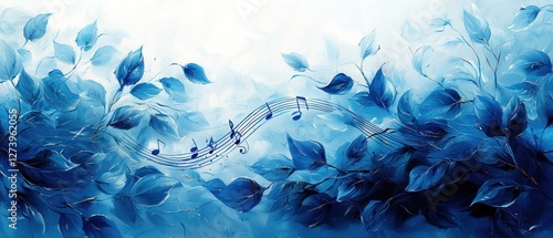 Serene blue foliage intertwined with musical notes, creating a calming atmosphere in nature