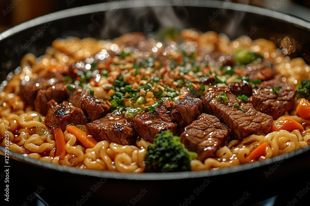 Sizzling steak and noodles stir-fry garnished with fresh herbs creating a flavorful and visually appealing dish A culinary delight! Sizzling steak and noodles stir-fry garnished with fresh herbs creating a flavorful and visually appealing dish A culinary delight!