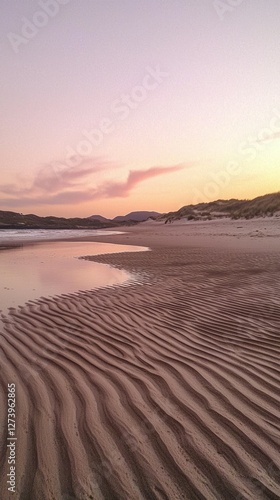 Tranquil Sunset Over Sandy Dunes and Calm Ocean Waves