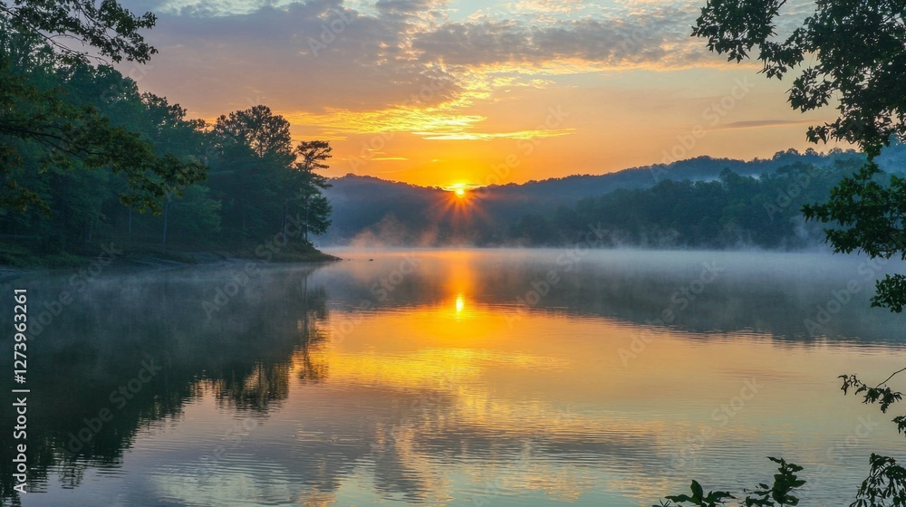 Fototapeta premium Serene Sunrise Reflection over Calm Lake with Misty Fog and Trees