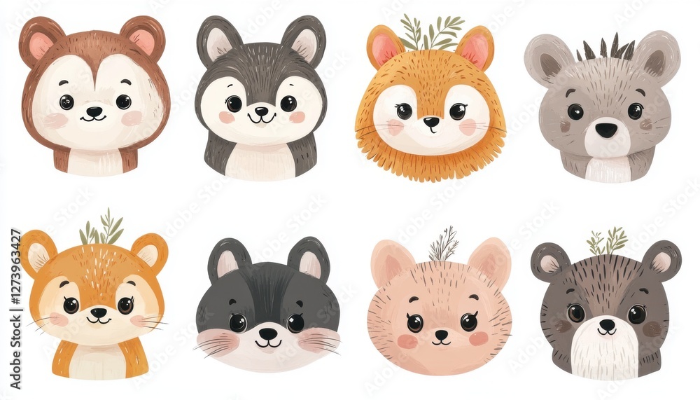 Cute cartoon animal faces with playful expressions and greenery accents. Cute cartoon animal faces with playful expressions and greenery accents.