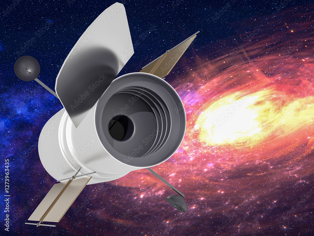 Space Telescope Hubble somewhere in outer space in a front of spiral galaxy. 3D rendered illustration. Elements of this image where furnished by NASA.