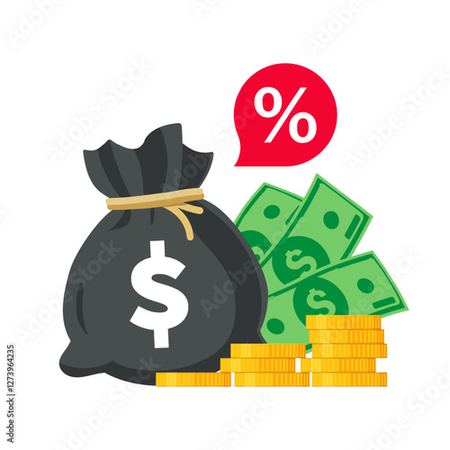 Money Bag and percent sign - tax or loan concept. Vector isolated on white.
