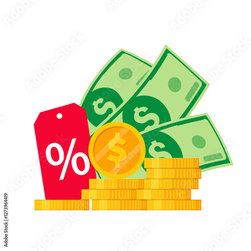 Dollar banknotes, gold coins and percent sign. Tax or loan. Vector isolated on white.