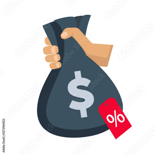 Money Bag in hand and label with percent sign. Loan or Tax illustration. Vector isolated on white.