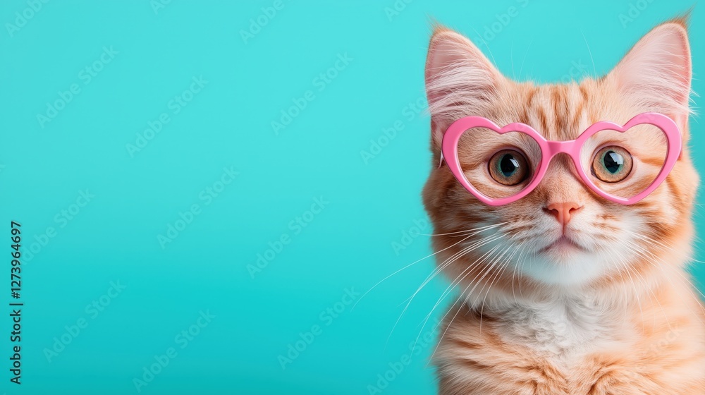 Playful cat with heart glasses indoor studio pet photography vibrant background close-up fun concept Playful cat with heart glasses indoor studio pet photography vibrant background close-up fun concept