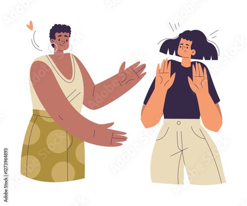 Unwanted Hugs with Woman Feel Annoyed from Unwelcome Awkward Touch Vector Illustration