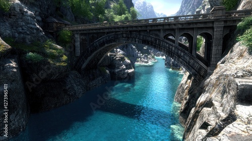 Scenic view of an ancient stone bridge over a crystal-clear river surrounded by mountains