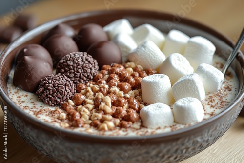 Bowl of breakfast cereal topped with marshmallows chocolate and nuts Sweet indulgence in a bowl! photo