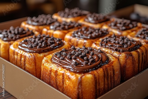 Delicious homemade buns with chocolate frosting and chocolate chips perfect for sharing with friends and family on a special occasion photo