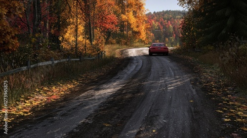 Scenic autumn road with vibrant foliage and a car navigating a winding path in nature