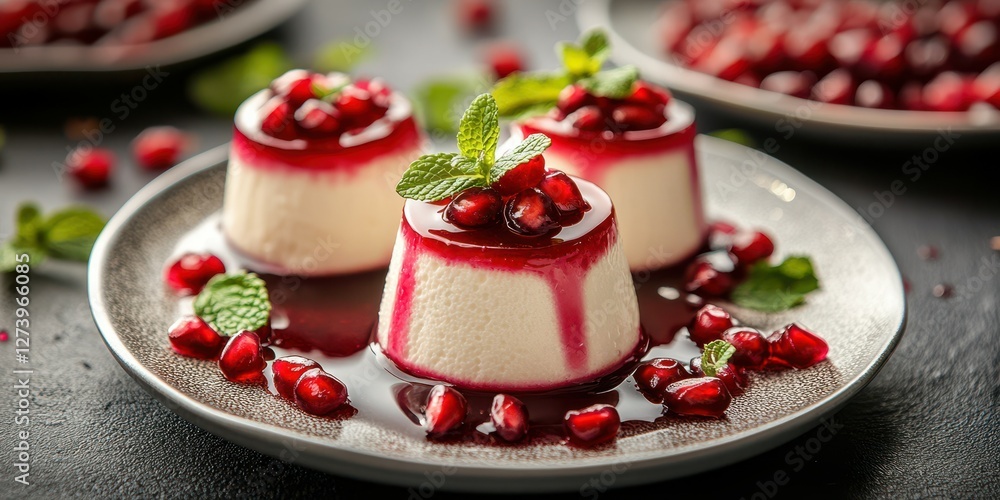 Delicious panna cotta served with pomegranate seeds and mint garnish on a stylish plate Delicious panna cotta served with pomegranate seeds and mint garnish on a stylish plate