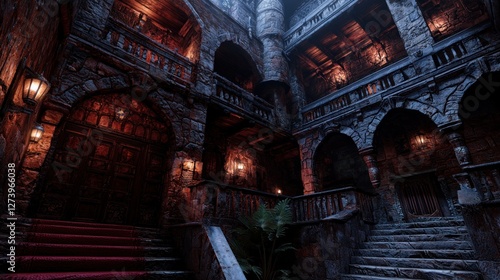 Dark, atmospheric interior of an ancient castle with ornate architecture and flickering lights
