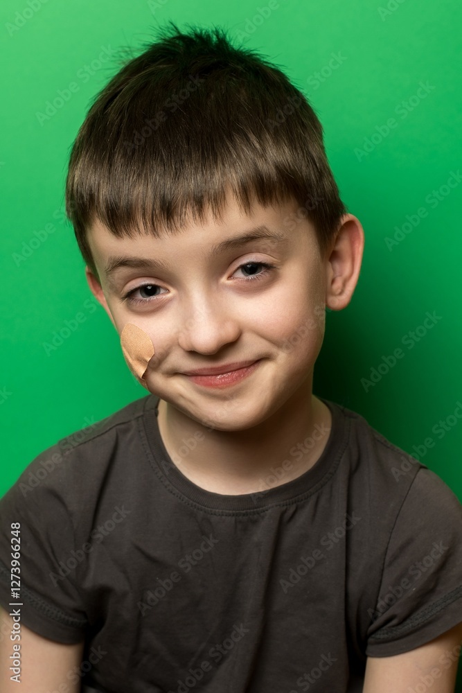 Child with a playful expression and a bandage on cheek, green background. Ideal for themes of childhood mischief, first aid, and health education. Child with a playful expression and a bandage on cheek, green background. Ideal for themes of childhood mischief, first aid, and health education.