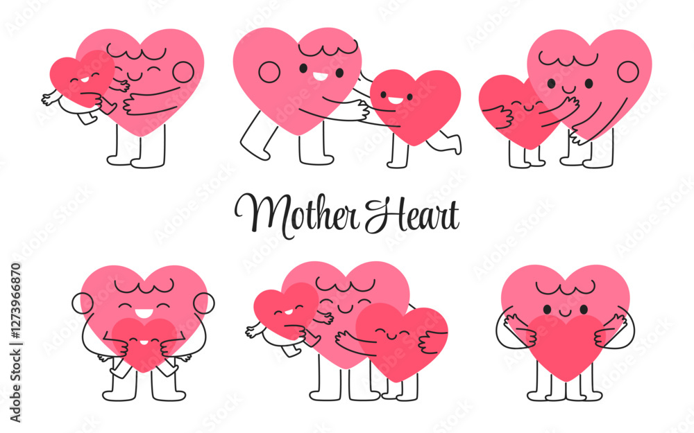 Happy heart mother with children mascot character of set doodle style. Vector clip-art isolated Happy heart mother with children mascot character of set doodle style. Vector clip-art isolated