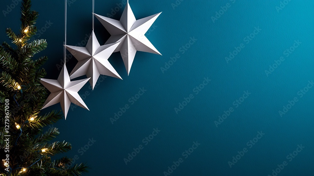White Paper Stars Hanging From Ceiling Beside Christmas Tree on Turquoise Wall