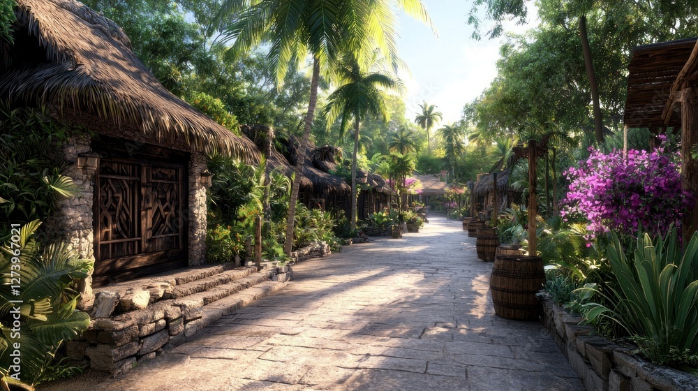 Fototapeta premium Serene tropical pathway lined with vibrant flowers and rustic cottages in a lush garden setting