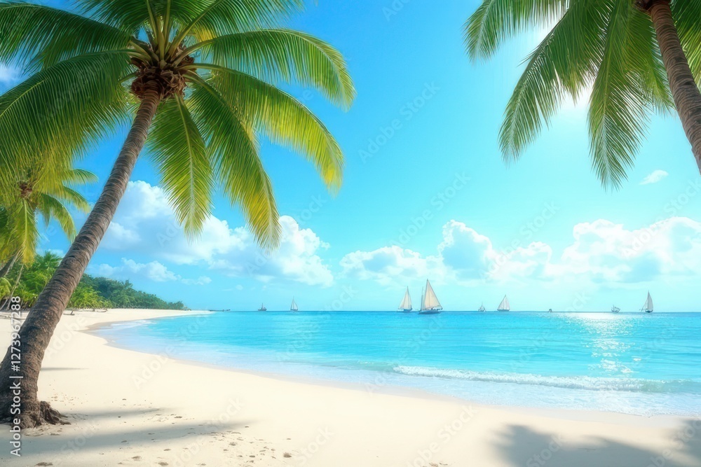 Obraz premium Tranquil Summer Beach Scene with Palm Trees and Sailing Boats Under Clear Blue Sky and Calm Turquoise Waters