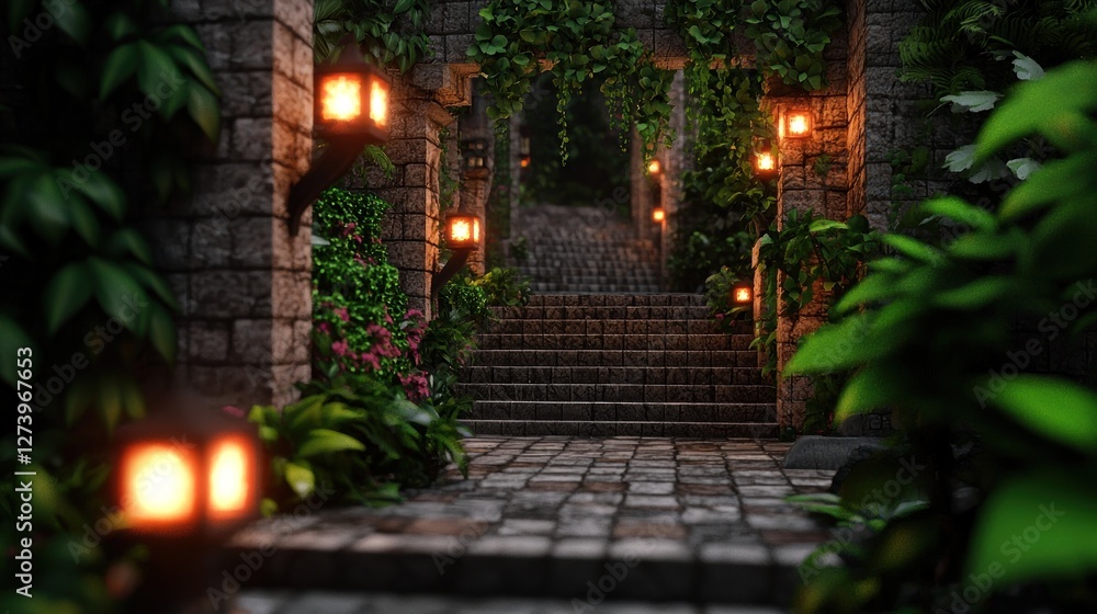 Serene stone pathway illuminated by lanterns, surrounded by lush greenery and vibrant flowers Serene stone pathway illuminated by lanterns, surrounded by lush greenery and vibrant flowers
