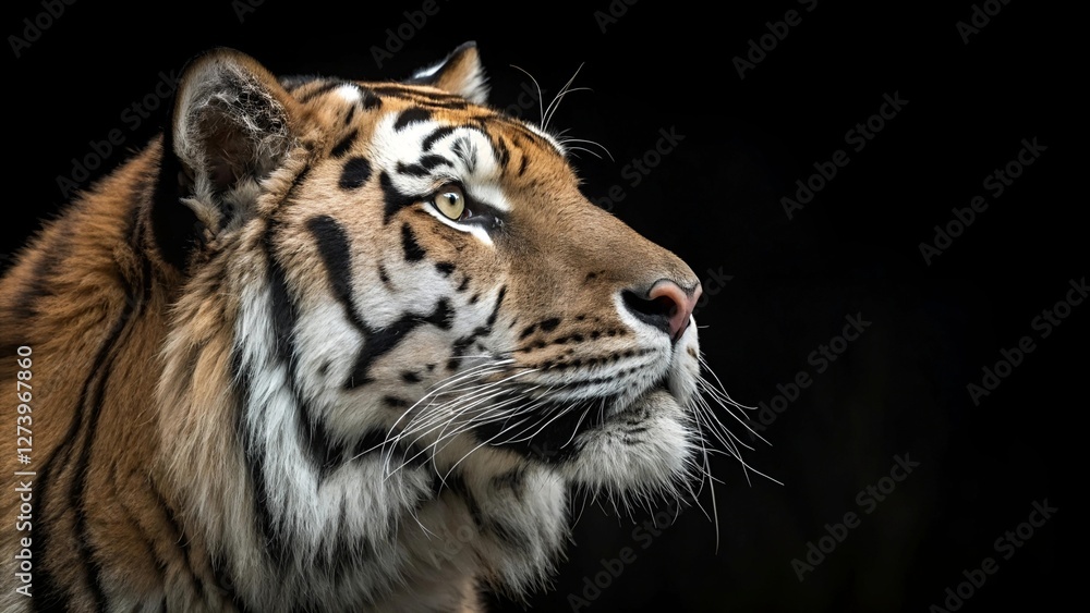 Fototapeta premium Powerful Tiger Art on a Bold Black Background, Showcasing Strength and Elegance