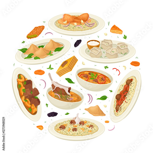Uzbek Cuisine Dish and Meal Round Composition Vector Template