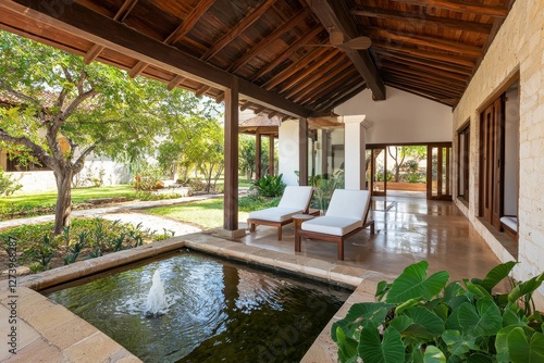 Wallpaper Mural Serene outdoor patio with fountain and lounge chairs at luxury villa offering tranquil relaxation and peaceful garden view under wooden roof in sunny day Torontodigital.ca