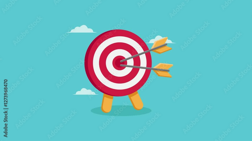 4k Animation of Bullseye Target with Arrows in Blue Sky Background. Ideal for themes of achievement and goal attainment.
