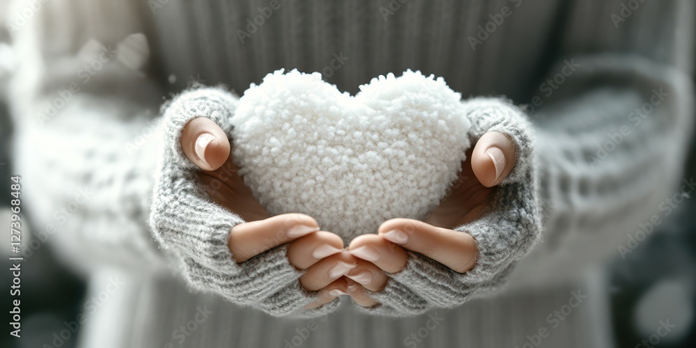 Holding a soft heart shape made of snow-like material in warm hands during a cozy winter day Holding a soft heart shape made of snow-like material in warm hands during a cozy winter day