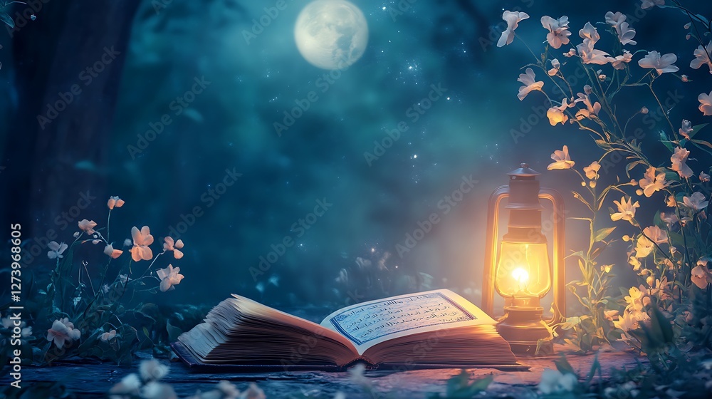 Obraz premium A Ramadan-themed background with an open Quran next to a lantern, glowing under soft moonlight and surrounded by gentle floral designs