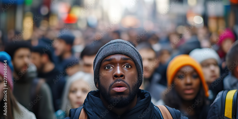 Focused Man in Crowd of Blurred Individuals Focused Man in Crowd of Blurred Individuals