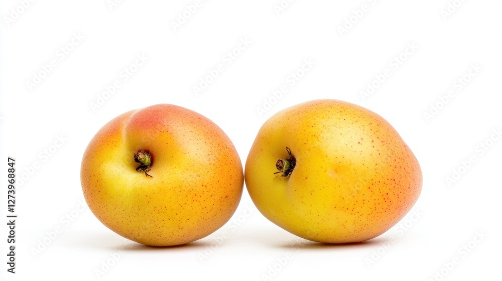 Close Up of Two Yellow Orange Apricots on a White Background in a Studio Shot